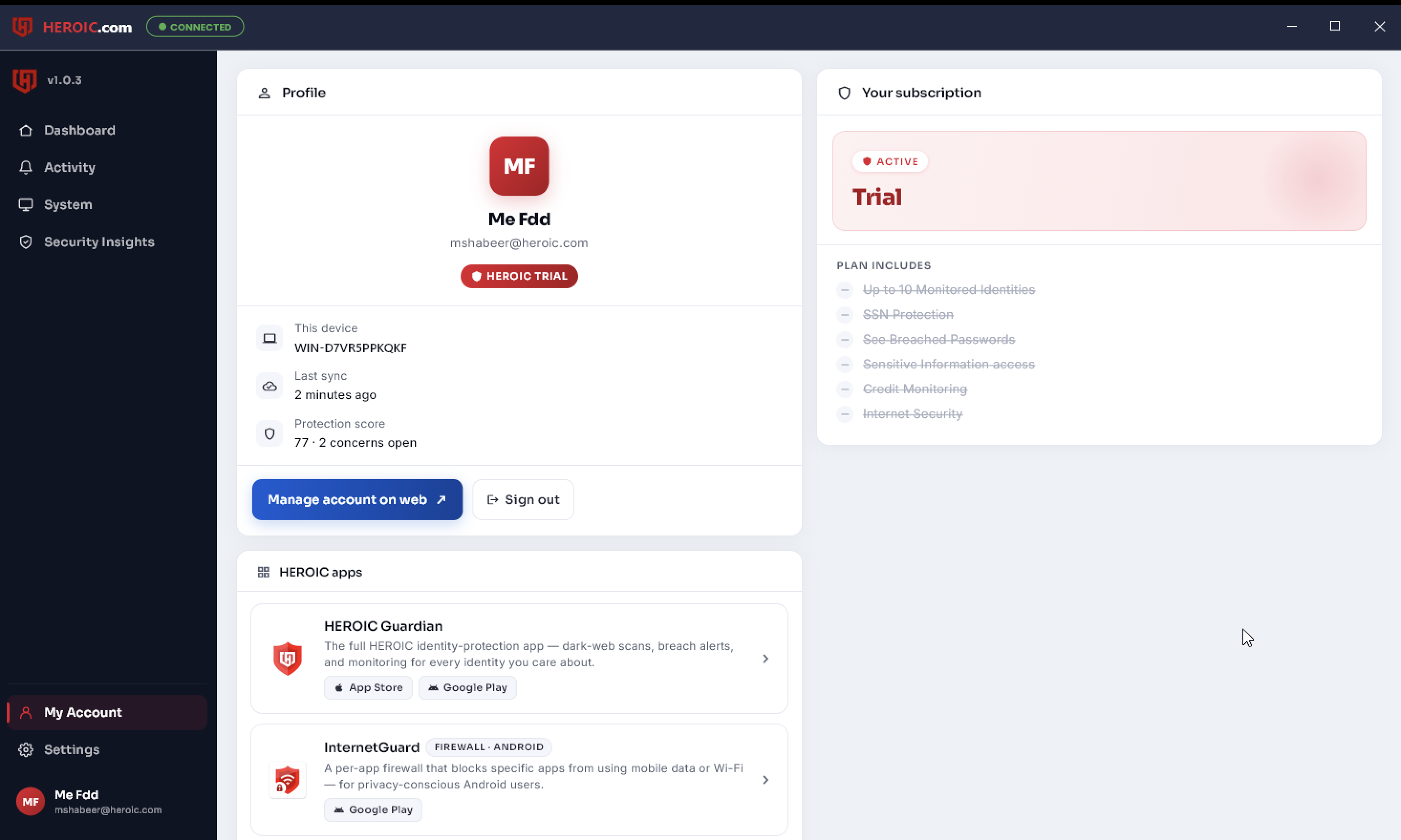HEROIC desktop account screen