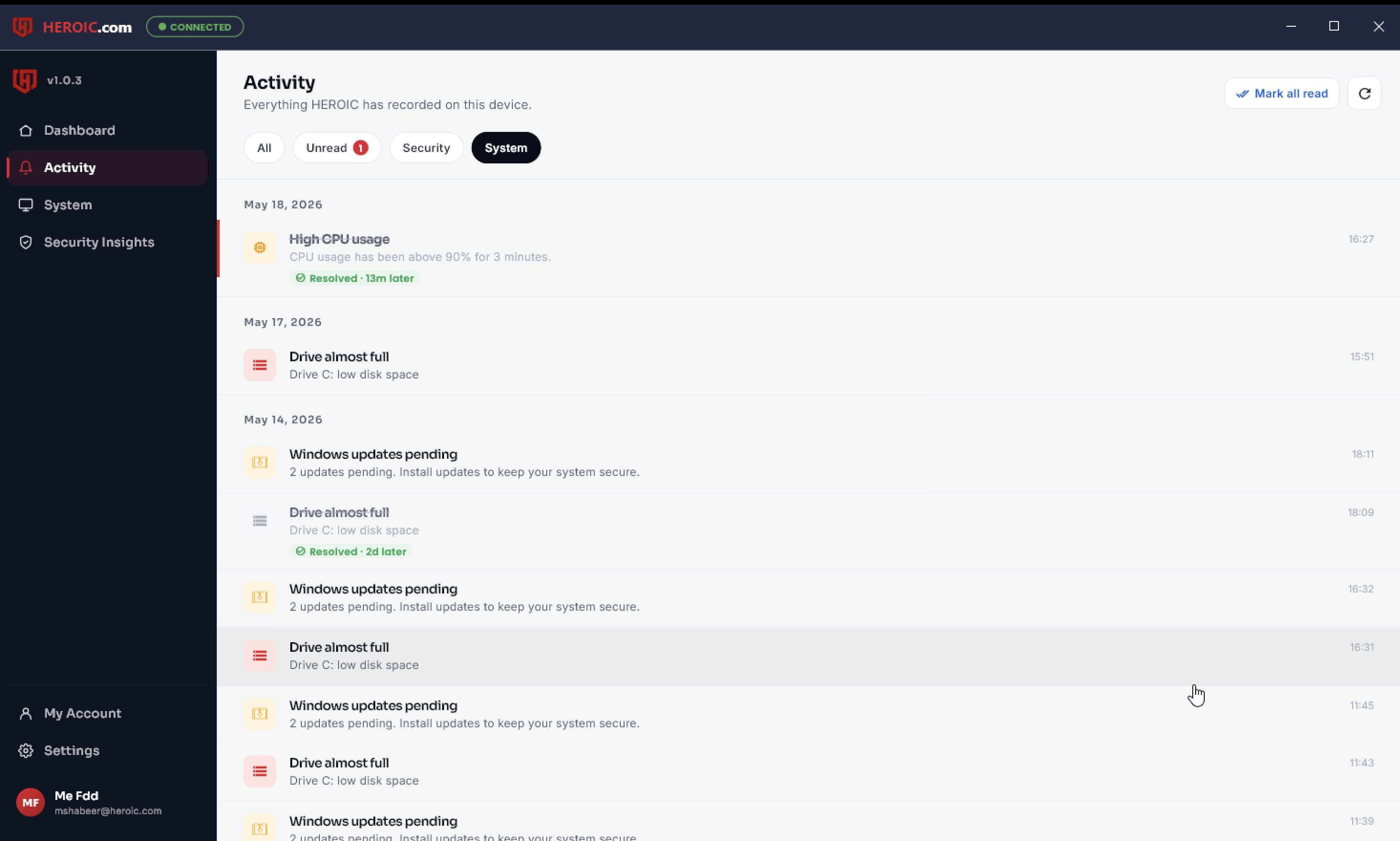 HEROIC desktop system activity