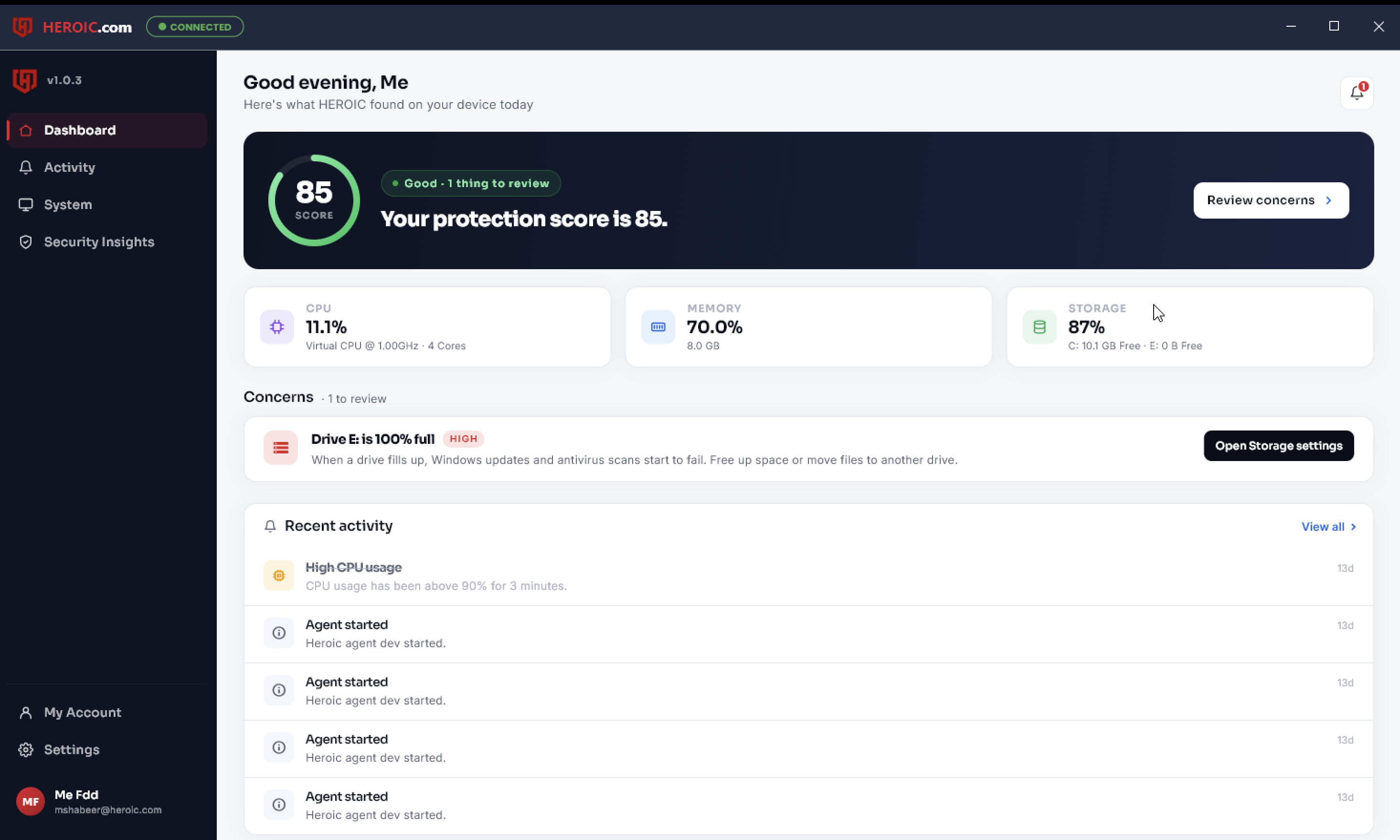 HEROIC desktop dashboard