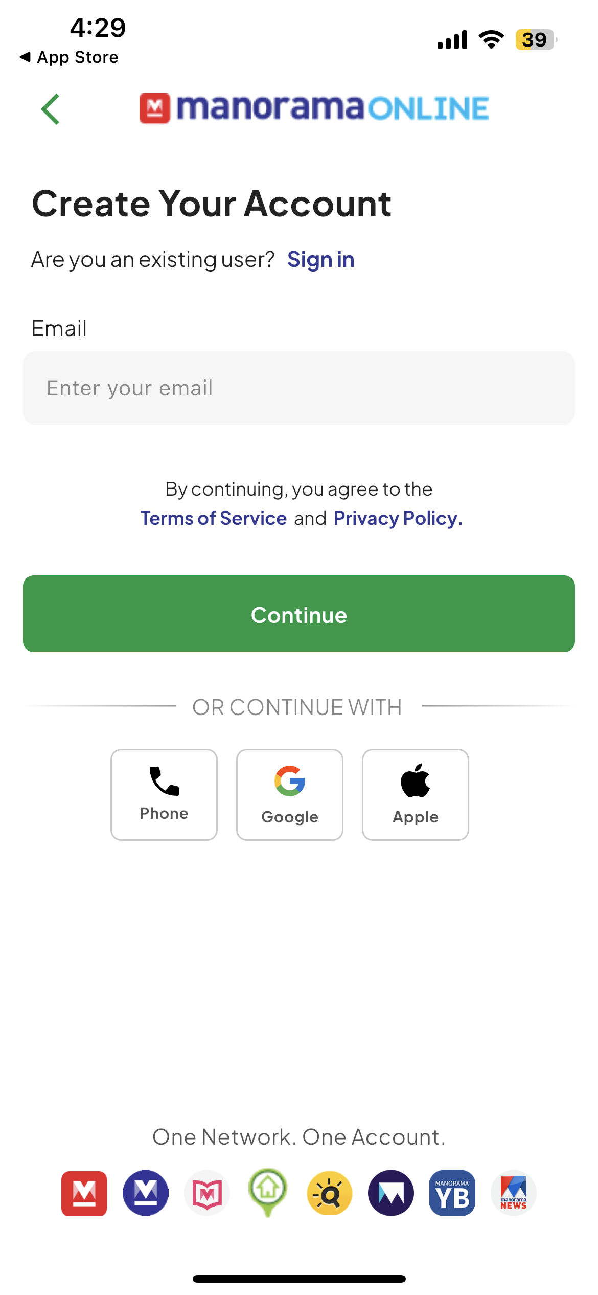 Manorama SSO create account screen