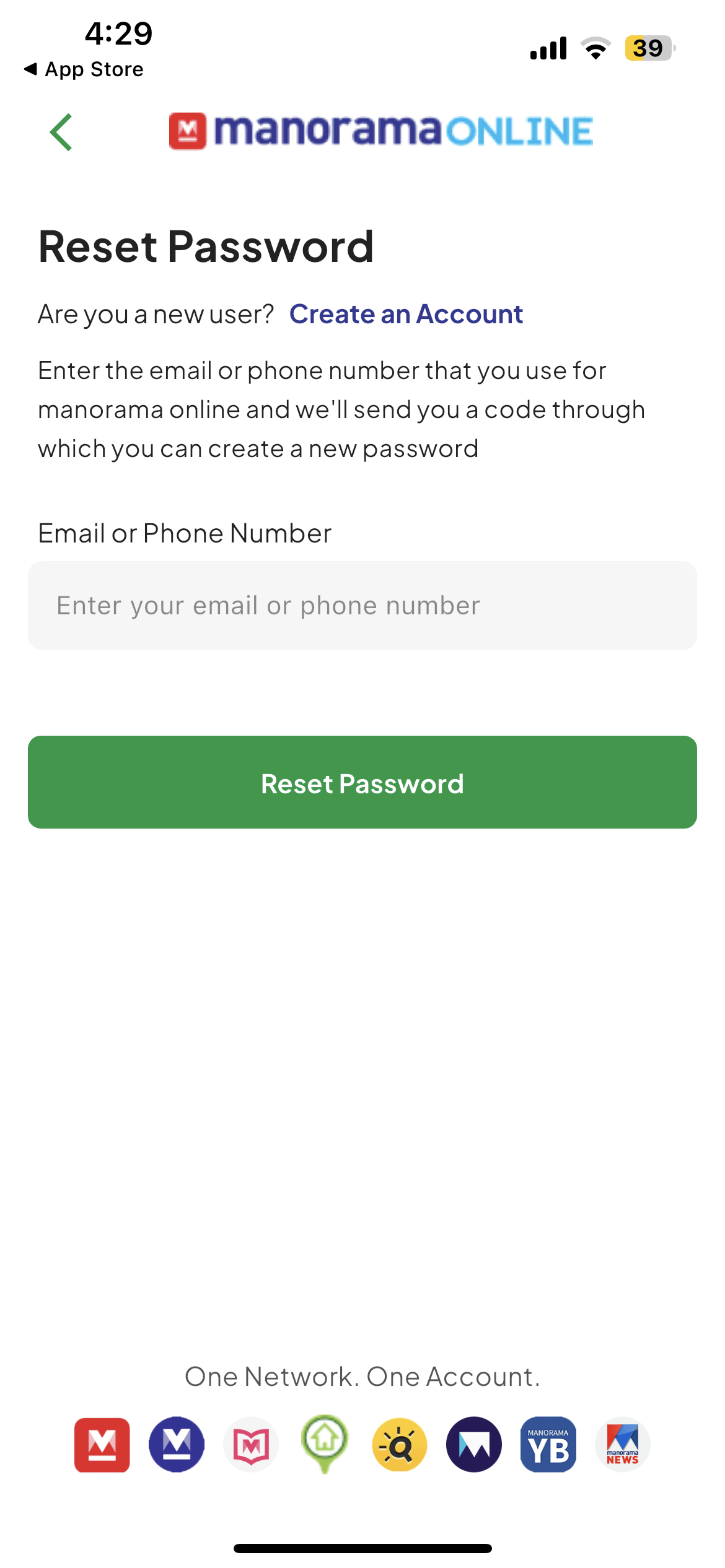 Manorama SSO reset password screen