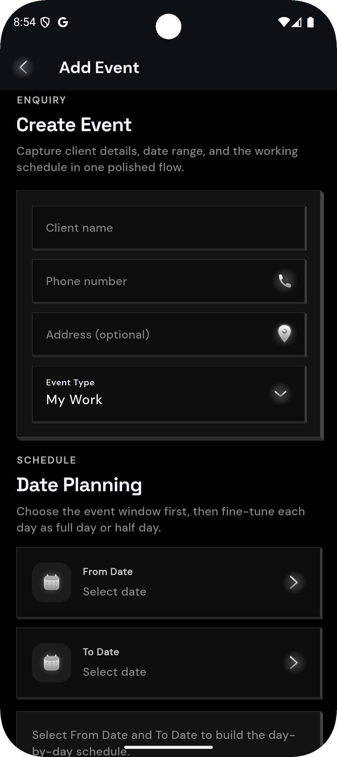 Add event screen