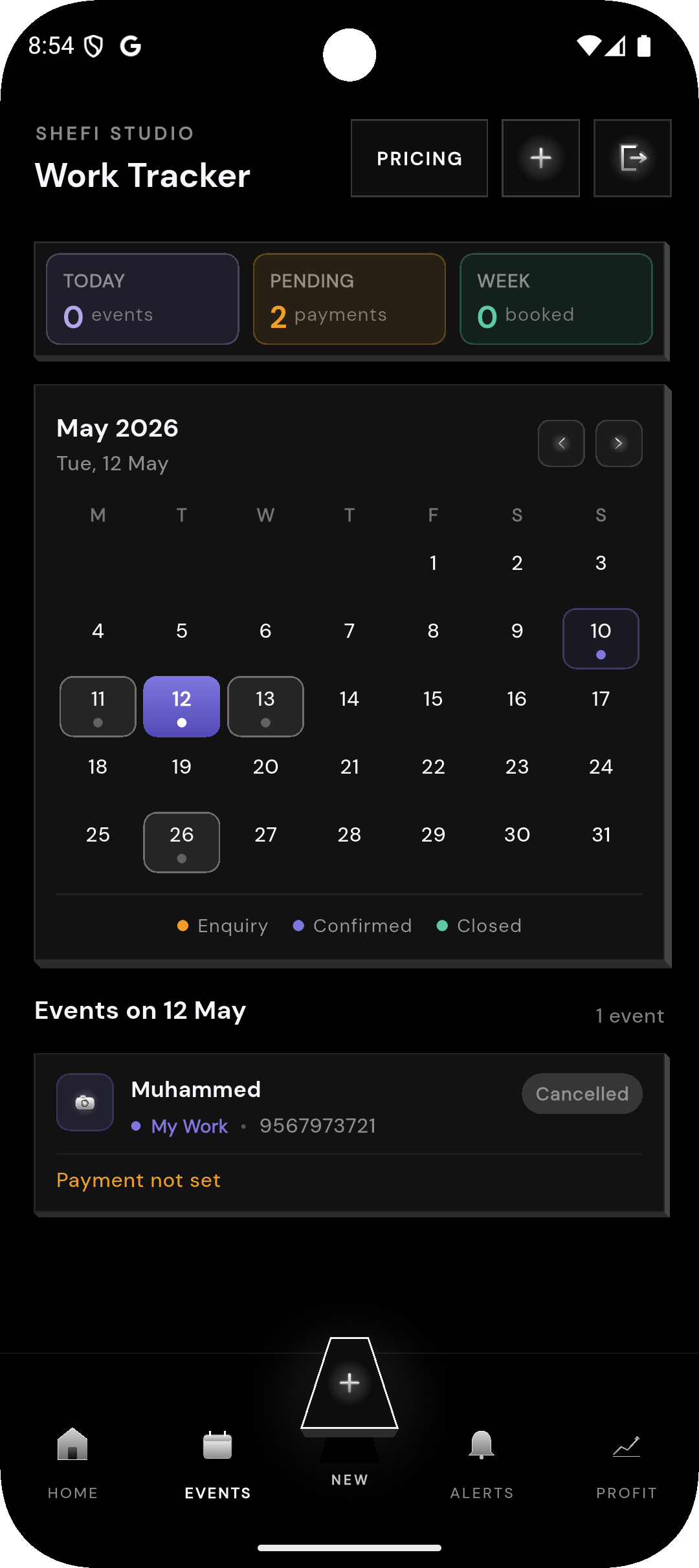 Calendar events screen