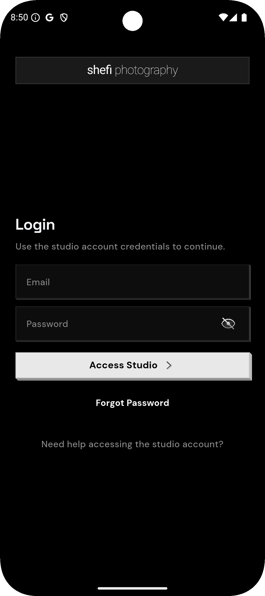 Photography Work Tracker login screen
