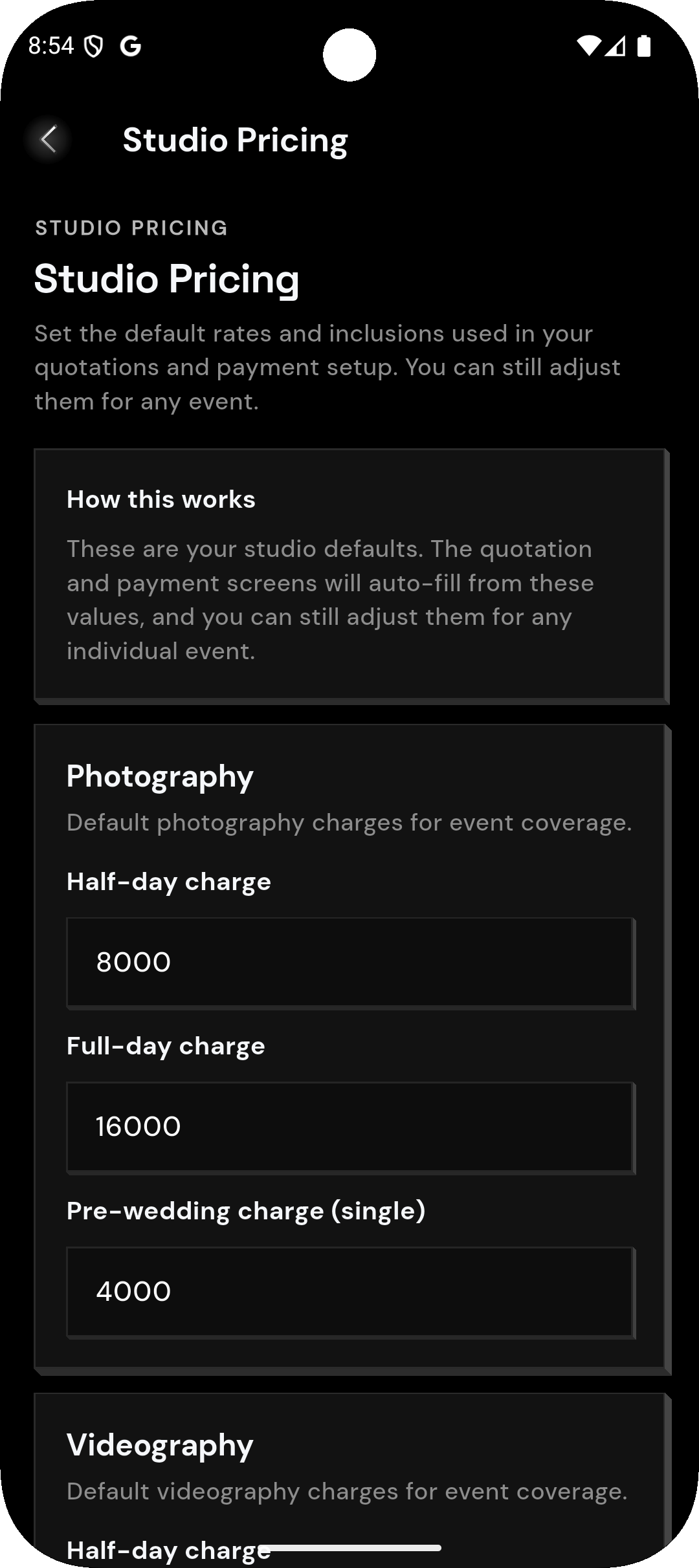 Studio pricing screen